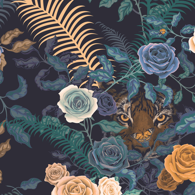 Artwork detail from Bengal Rose Garden wallpaper by Becca Who showing tiger and roses pattern