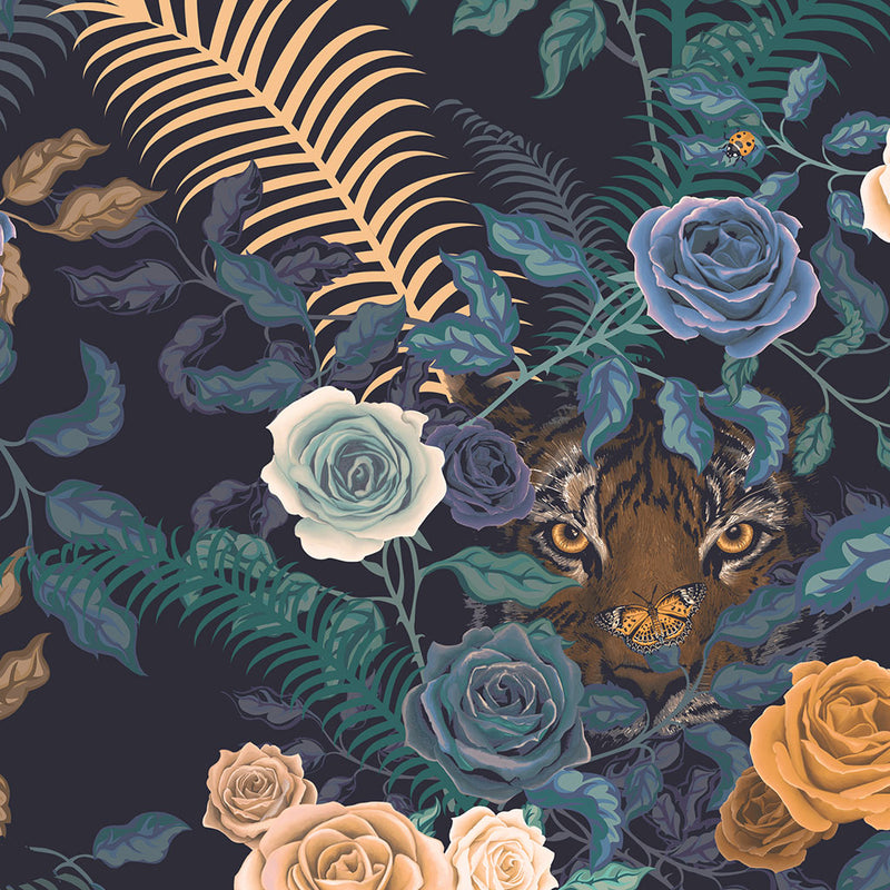 Detail from Bengal Rose Garden artwork showing tiger face and roses on dark blue with mustard