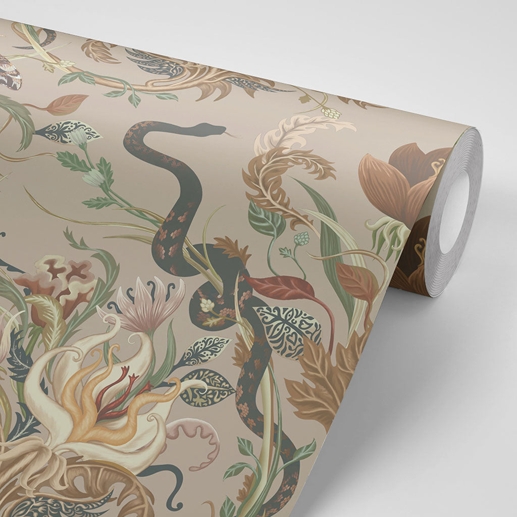 Earthy Natural Colours Luxury Designer Wallpaper Snakes & Floral by Becca Who