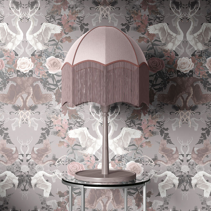 Luxury Designer Wallpaper in Pale Pink and Silver Grey with Swans and Floral design by Becca Who 