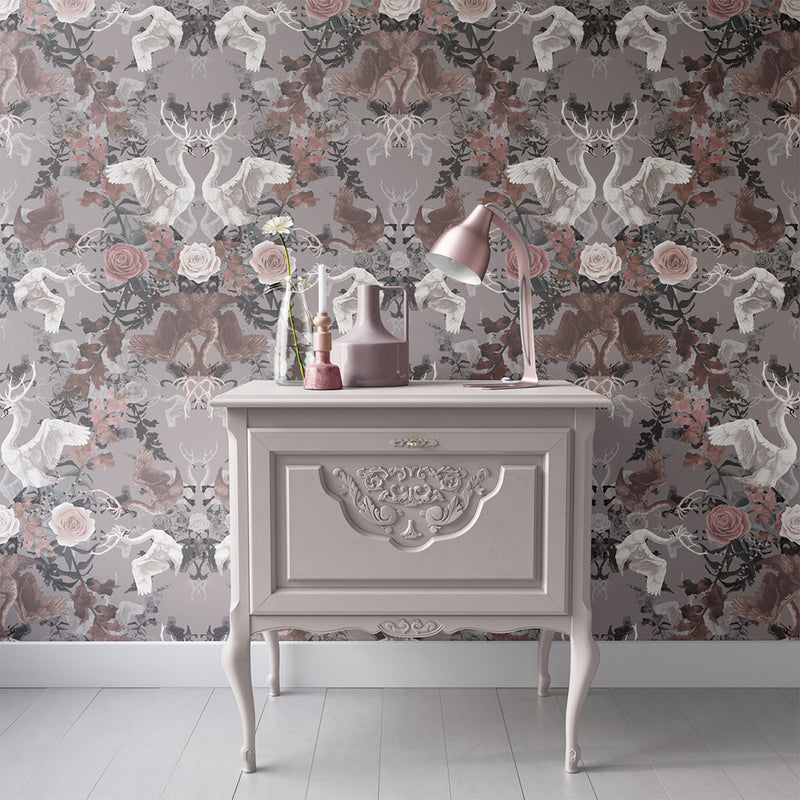 Luxury Designer Wallpaper in Pale Pink and Silver Grey with elegant Swans and Floral design by Becca Who 