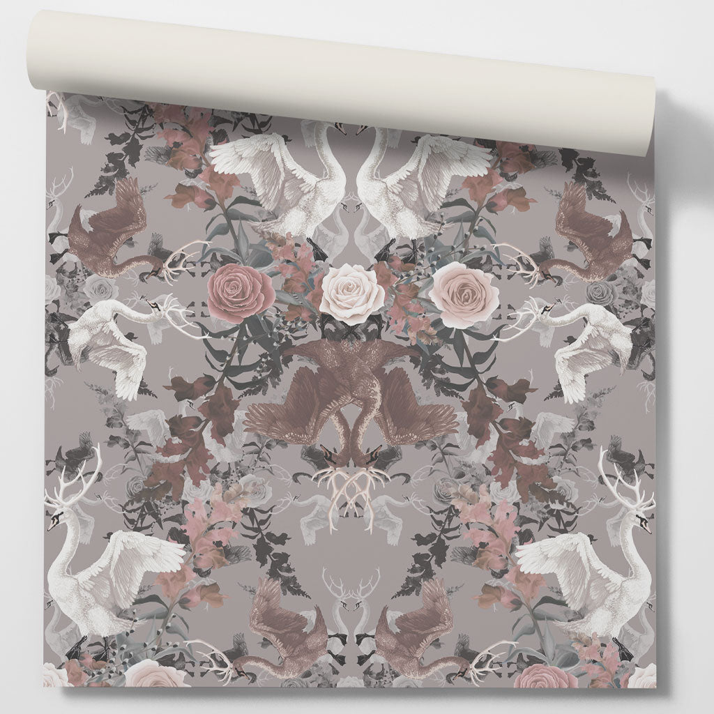 Luxury Bedroom Wallpaper in Pale Pink and Silver Grey with Swans and Floral by Designer Becca Who 
