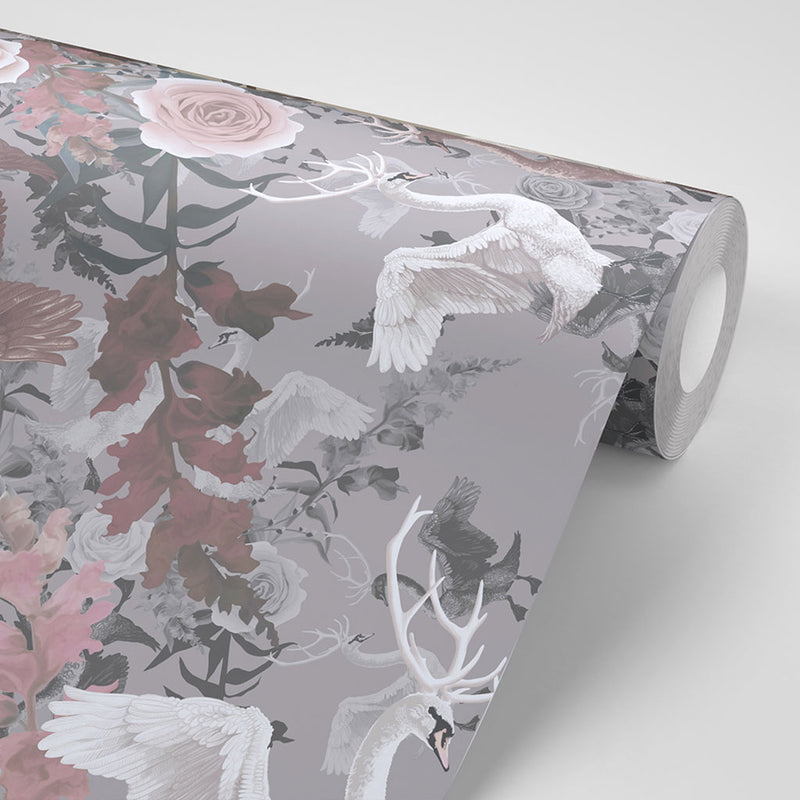 Luxury Designer Wallpaper in Pale Pink and Silver Grey with Swans and painterly Floral design by Becca Who 