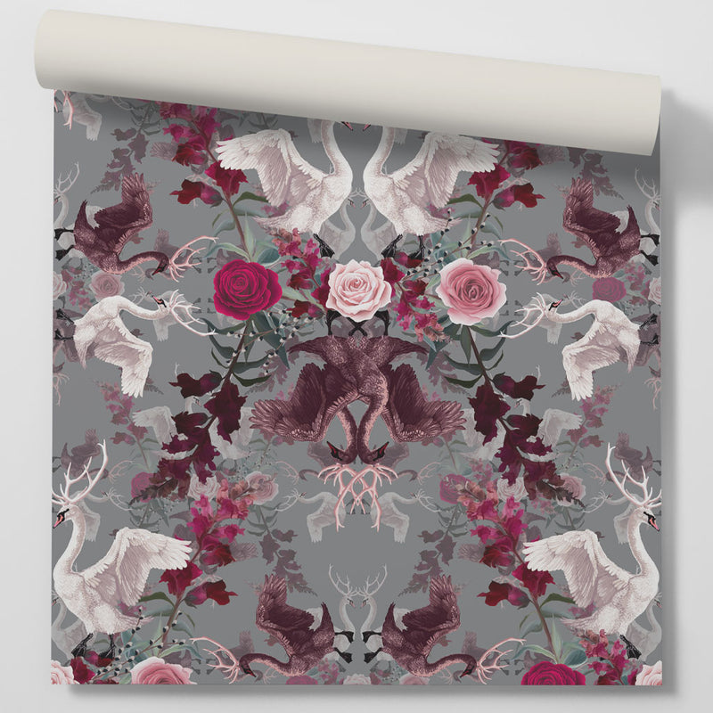 Pink and Grey Swans Floral Wallpaper by Designer, Becca Who