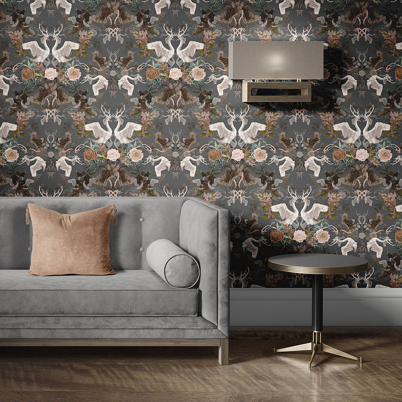 Dark Interior with moody floral luxury wallpaper by Becca Who