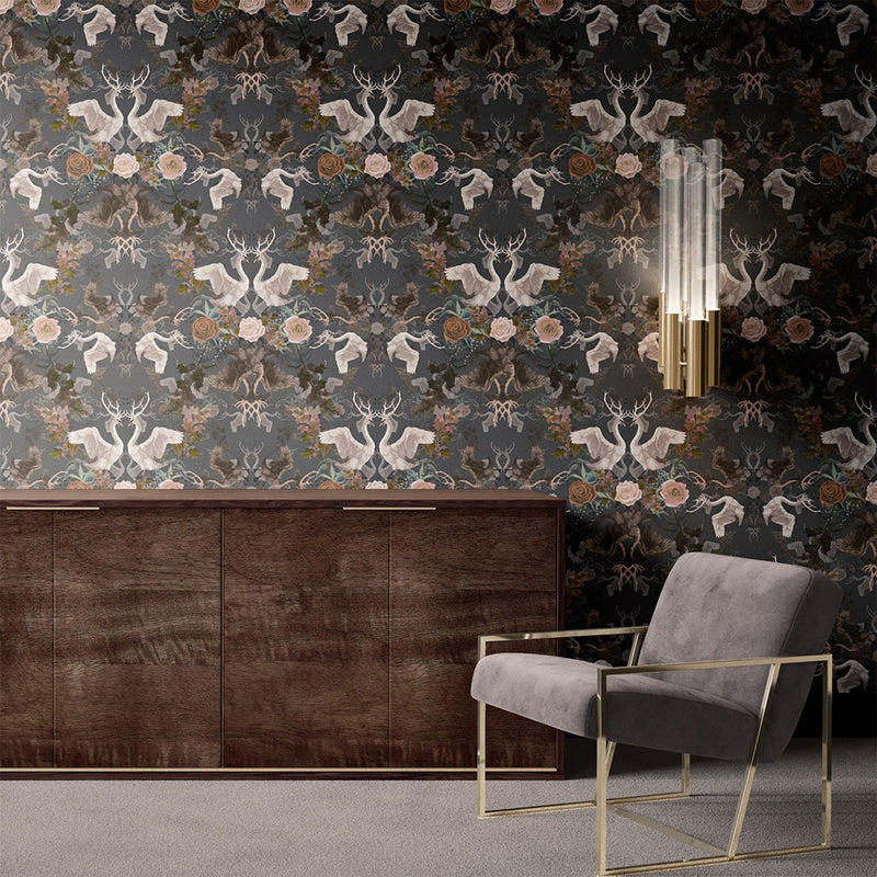 Dark Moody Home Decor with Swan Song designer wallpaper by Becca Who