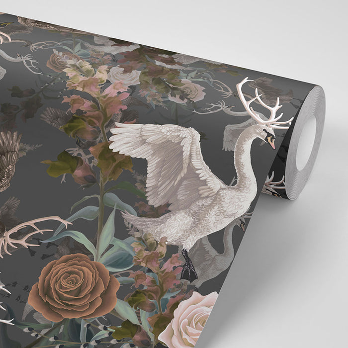 Dark Floral Luxury Designer Wallpaper Swan Song by Becca Who