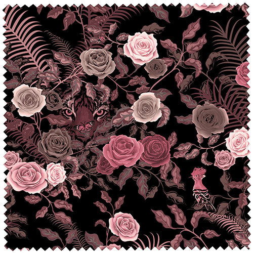 Becca Who Fabric Design Bengal Rose Garden of Tiger and Roses in Dusky Pink on Black