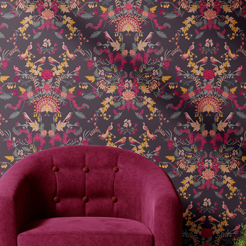 Aviana Luxury Patterned Wallpaper in Plum with Floral and Birds by Designer Becca Who