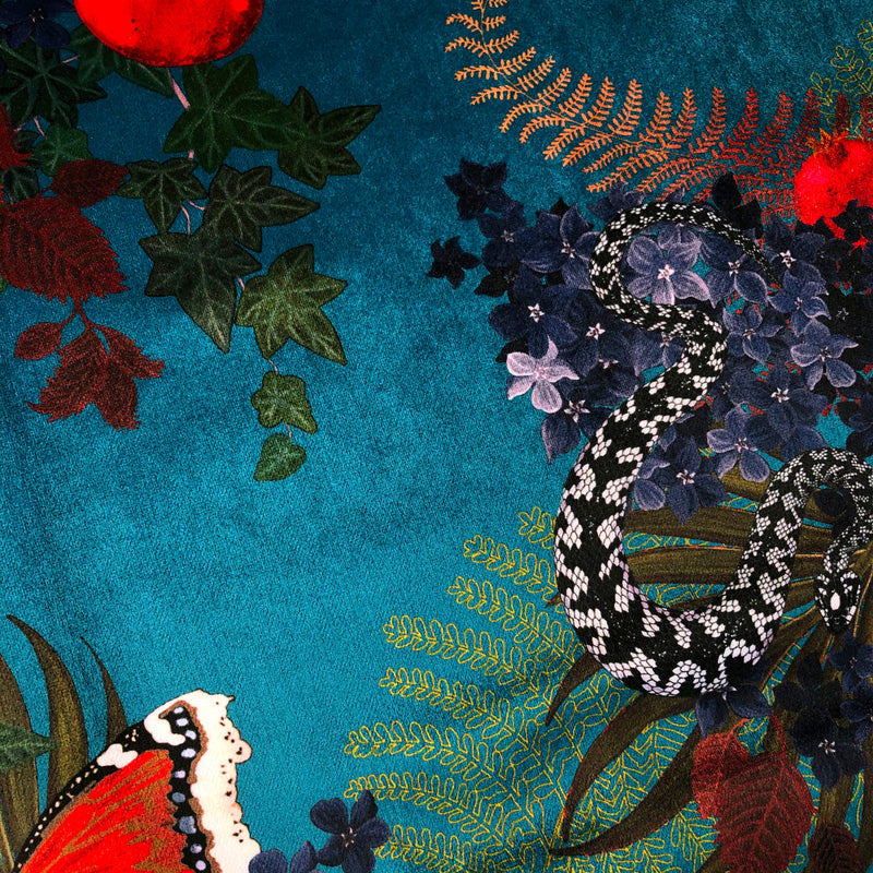 Forbidden Fruit in Azure Blue | Snakes Design Velvet Fabric