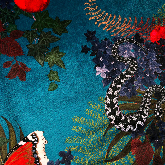 Blue Velvet Fabric with Bold Snakes Pattern for Dramatic Interiors, by British Designer, Becca Who