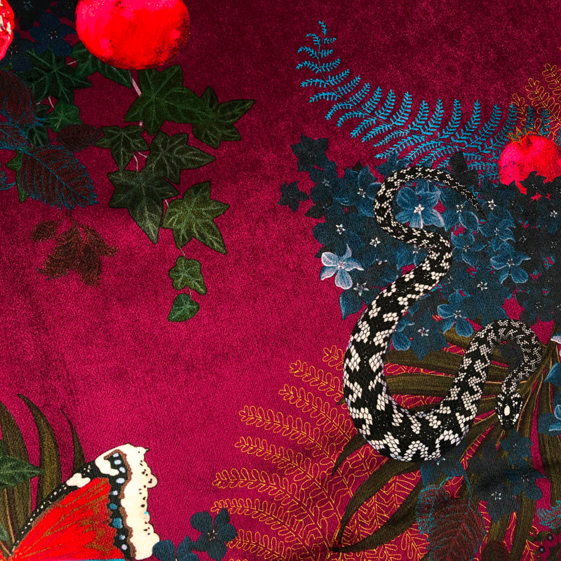 Forbidden Fruit in Crimson | Snakes Design Velvet Fabric