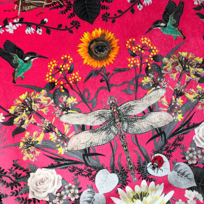 Colourful Bright Pink Patterned velvet Fabric with Dragonflies and Florals for Interiors by Designer, Becca Who