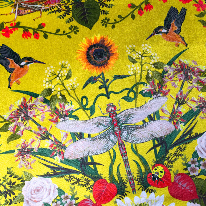Bright Yellow Colourful Patterned Floral Fabric with Dragonfly for Interiors by Designer, Becca Who
