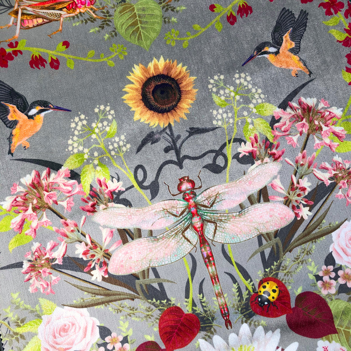 Garden Treasures in Spring | Pink & Grey Patterned Velvet Fabric