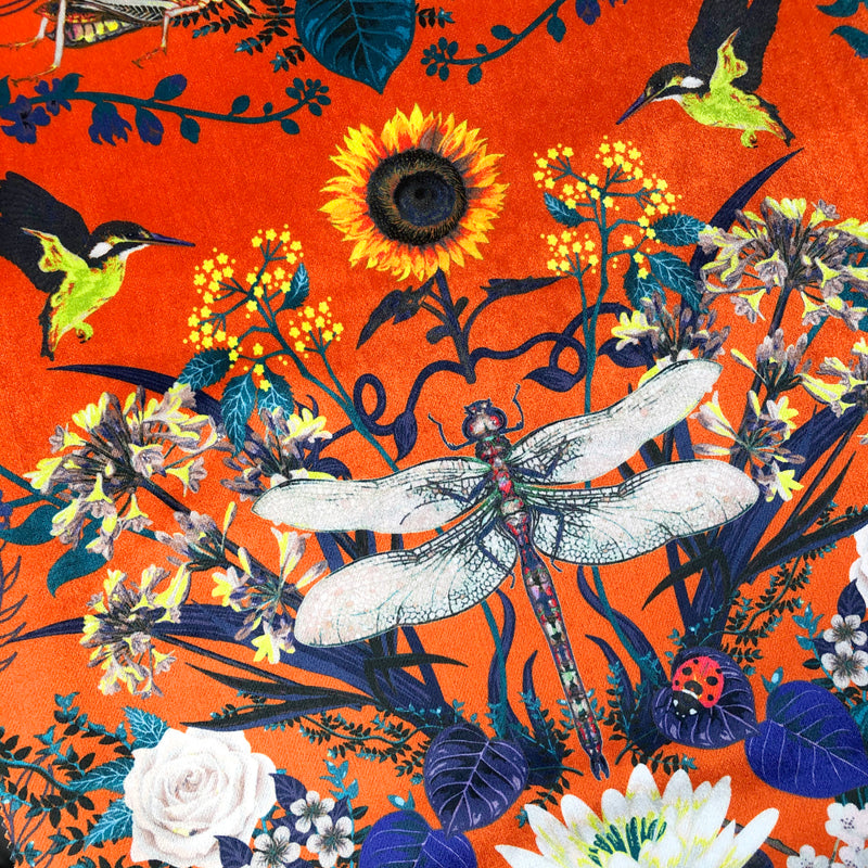 Bright Orange Colourful Patterned Floral Fabric with Dragonfly for Interiors by Designer, Becca Who