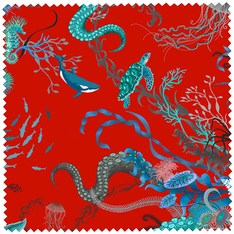 Ocean Treasures in Red Reef | Velvet Fabric Sample