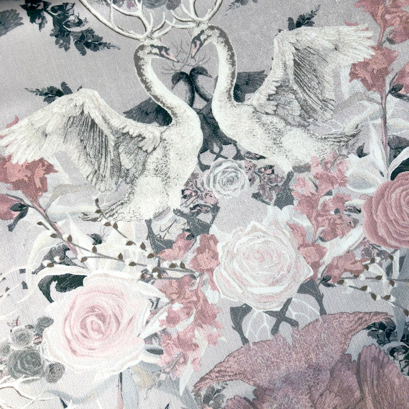 Pale Pink & Grey Swans Patterned Velvet Fabric for Home Interiors by Designer, Becca Who