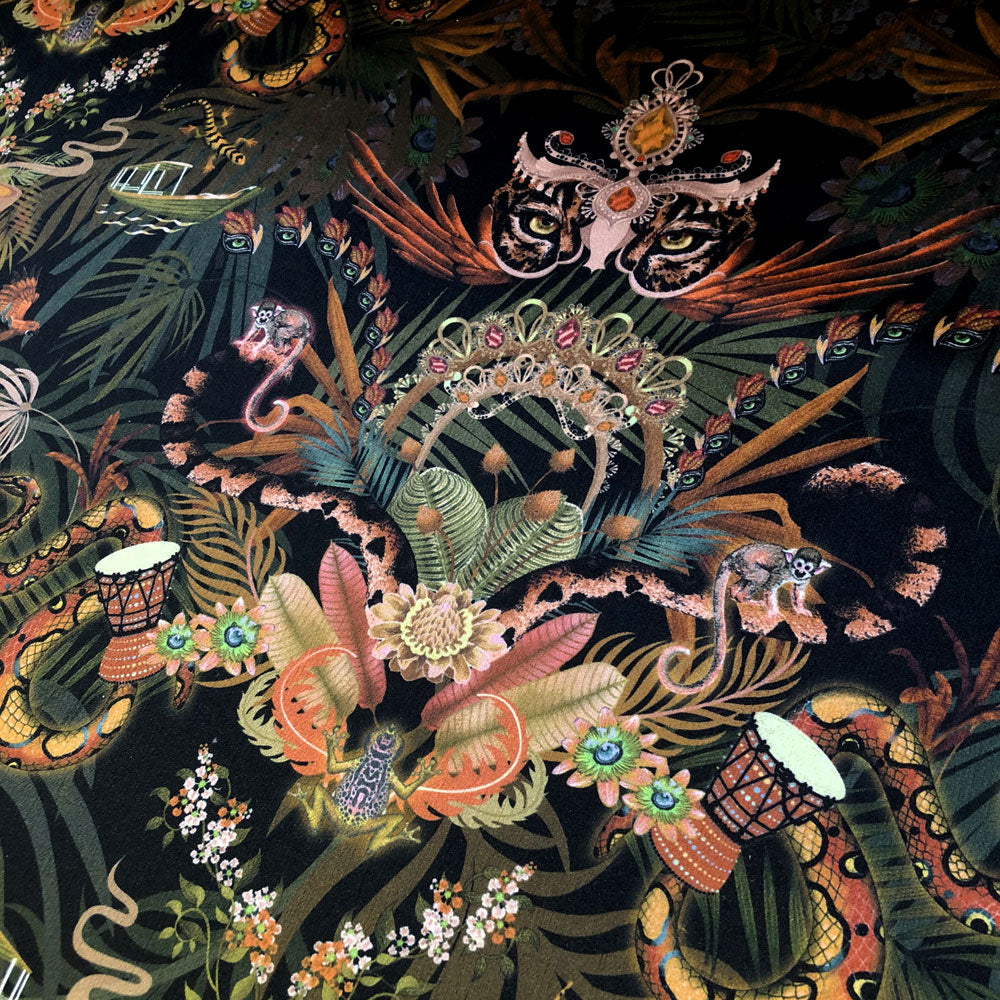 Becca Who Designer Velvet Fabric | Patterned Jungle Print on Black