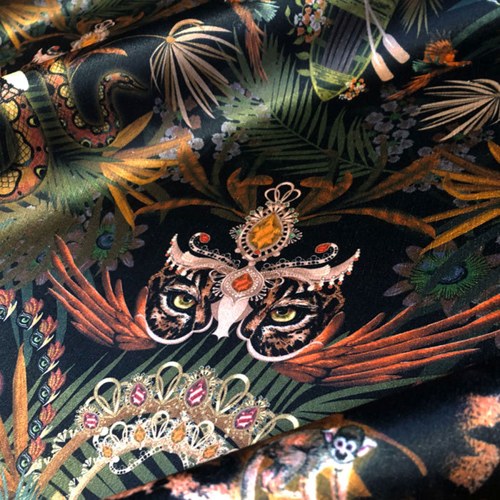Amazon Trip Jungle Print Velvet Fabric in Black & Gold for opulent Interiors by UK Designer Becca Who