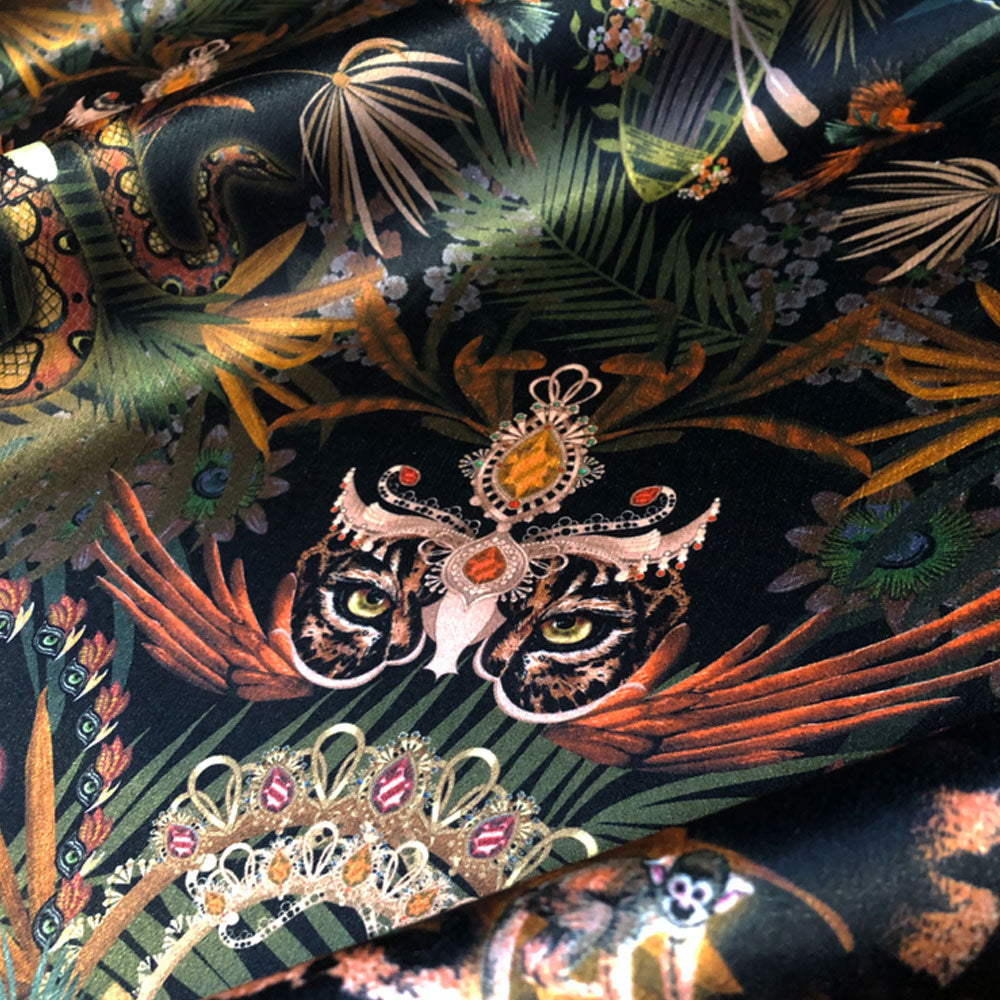 Amazon Trip Jungle Print Fabric in Black Interiors Velvet by Designer Becca Who