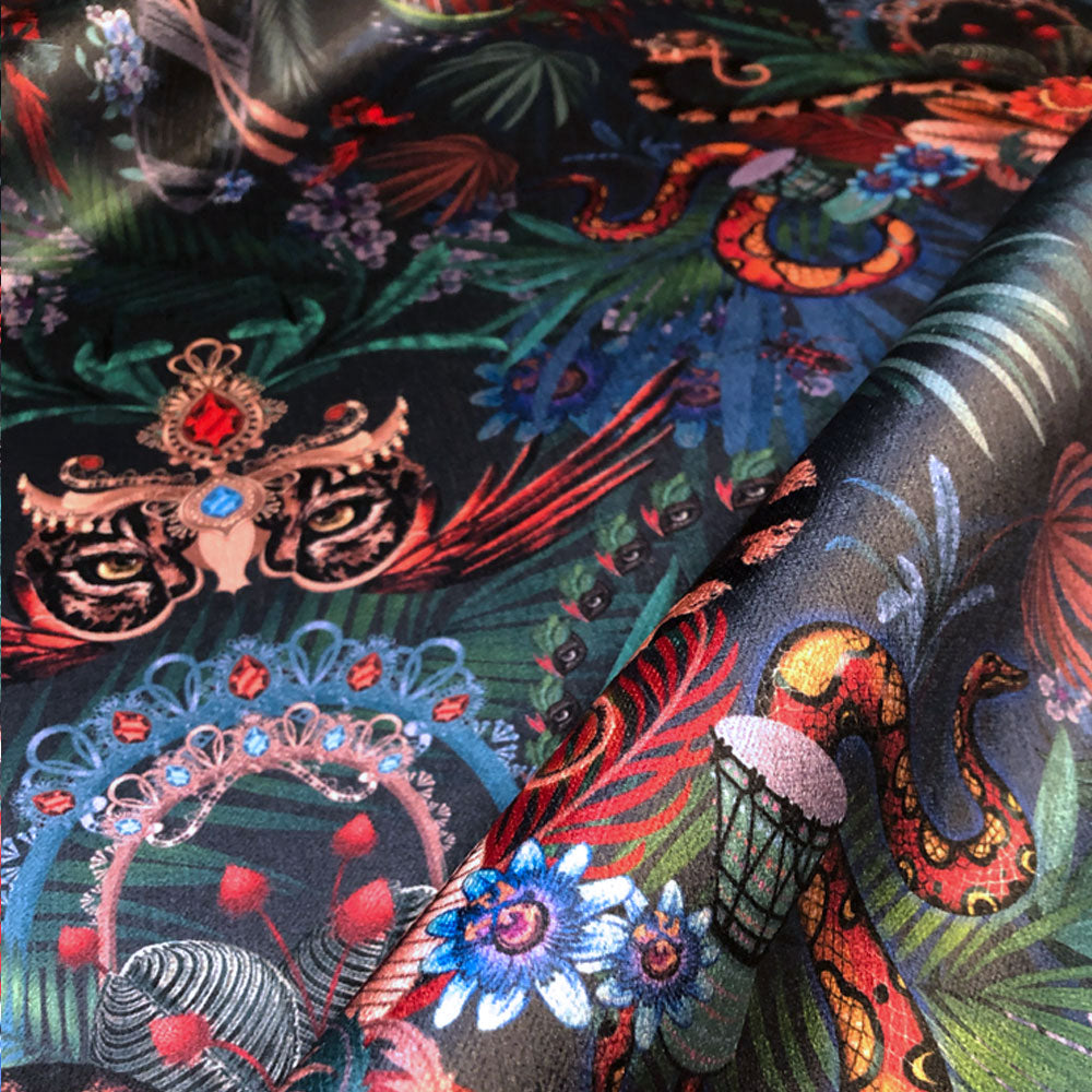 Midnight Dark Blue Jungle Print Patterned Velvet Fabric for Dramatic Furnishings & Bold Upholstery by UK Designer, Becca Who 