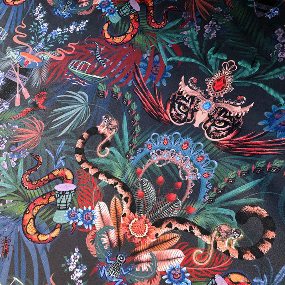 Becca Who Midnight Dark Blue Jungle Print Patterned Velvet Fabric for Dramatic Furnishings & Bold Upholstery