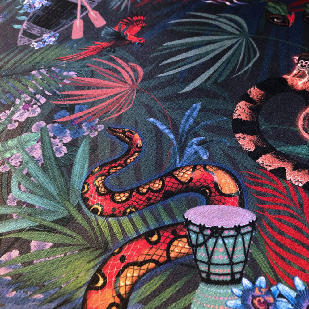 Colourful motifs for unusual upholstery on Becca Who velvet jungle print furnishing fabric