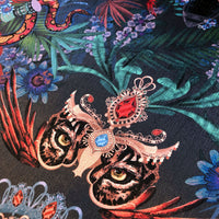 Bold Jaguar on Midnight Dark Blue Jungle Print Patterned Velvet Fabric for Dramatic Furnishings & Upholstery by UK Designer, Becca Who 