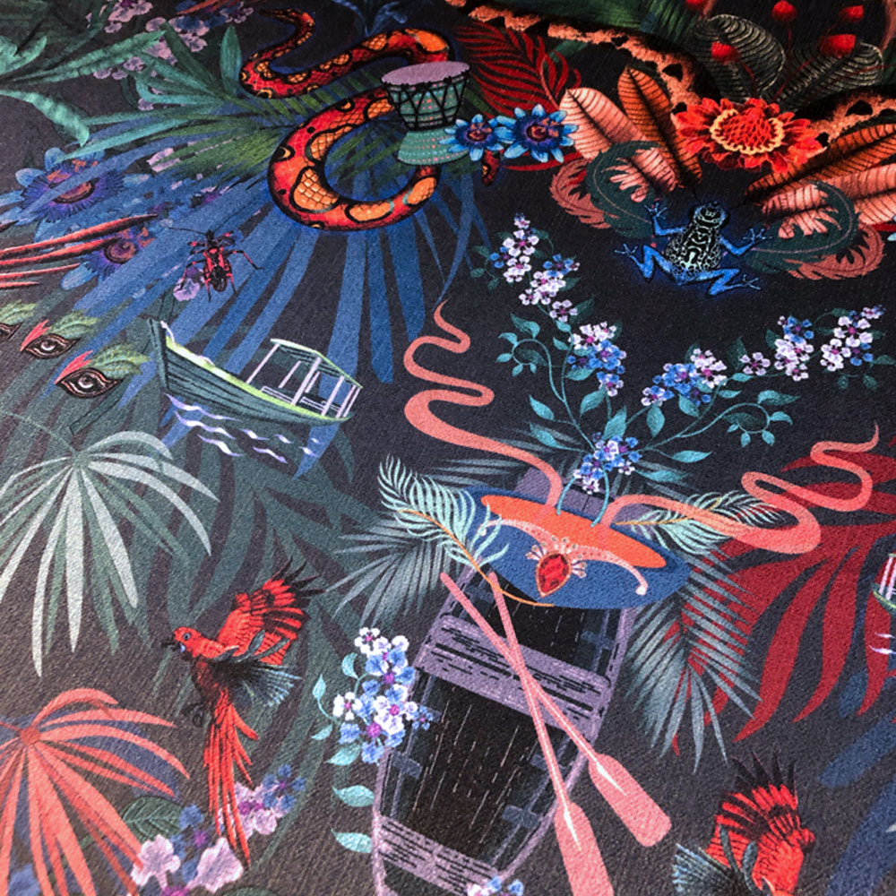 Amazon Trip in Midnight Blue | Jungle Print Velvet Fabric