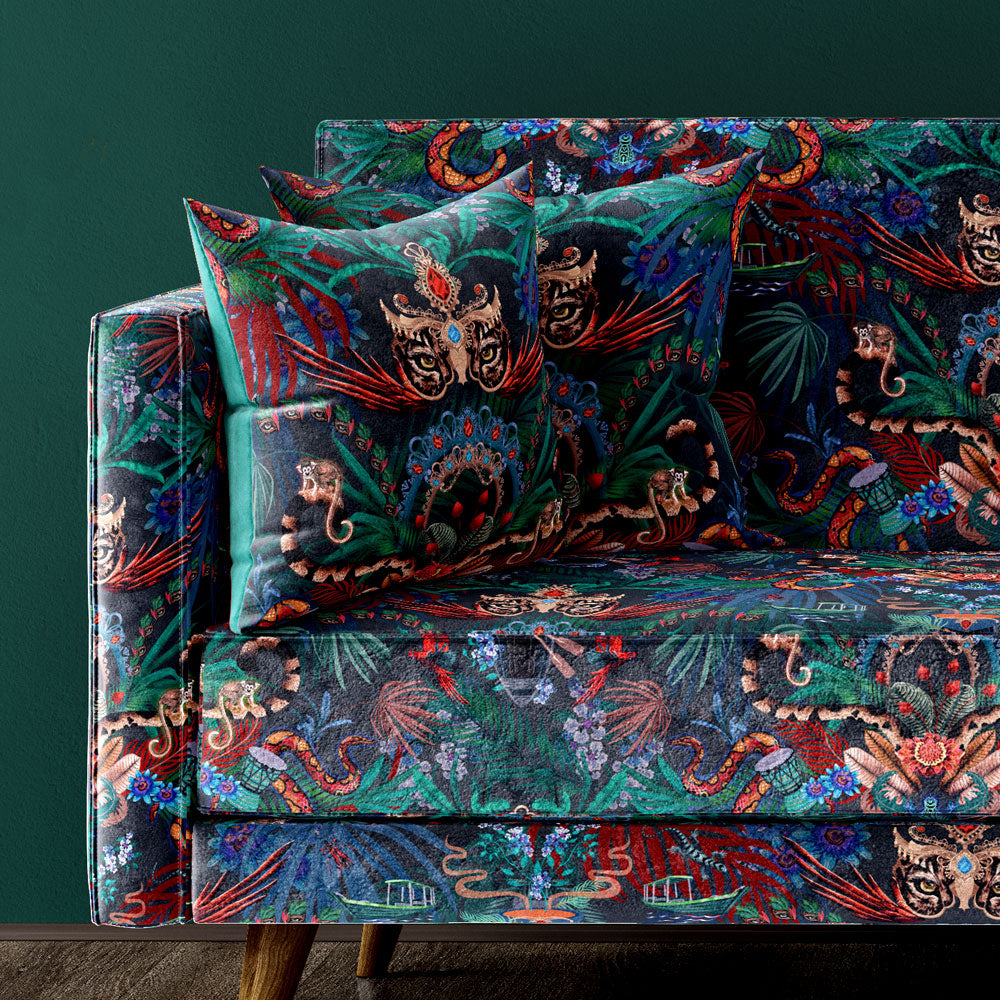 Midnight Dark Blue Jungle Print Velvet Fabric for Bold, Dramatic Furnishings & Upholstery by UK Designer, Becca Who 
