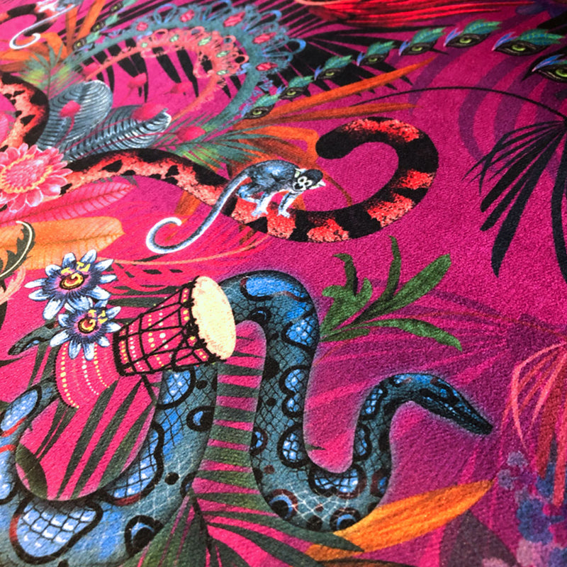 Colourful printed velvet fabric design of Amazon jungle by Designer Becca Who