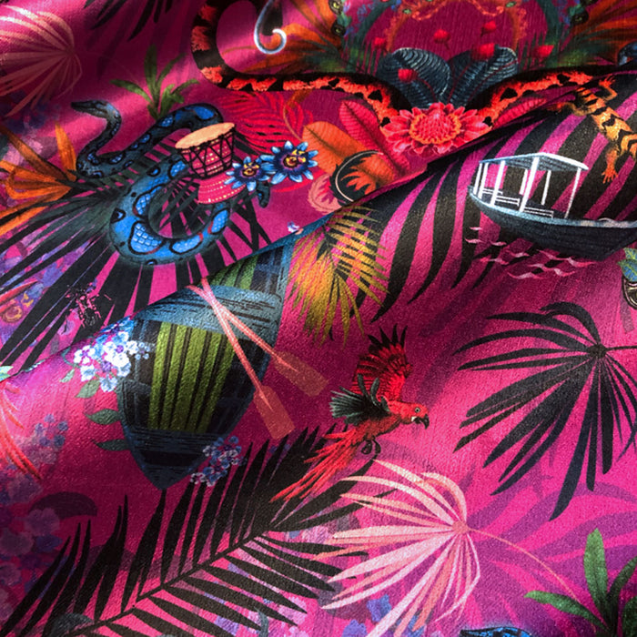 Becca Who unusual jungle print fabric design in violet for statement curtains and daring furnishings