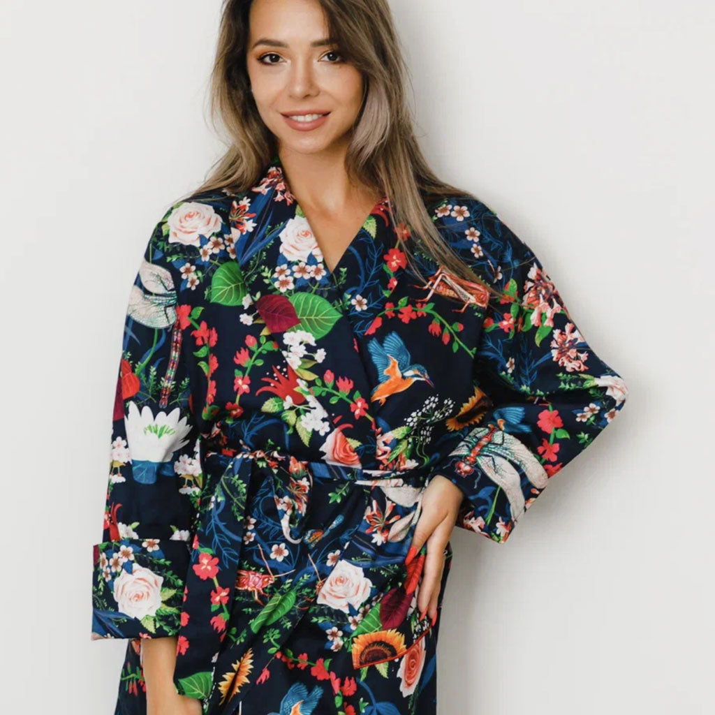 Luxury Women's Designer Dressing Gown | Floral on Navy – Becca Who Ltd