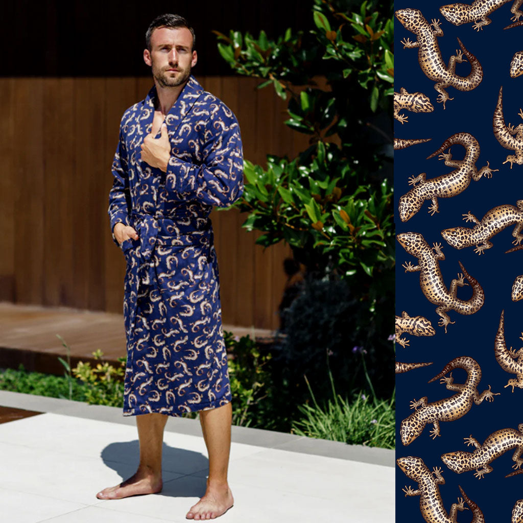 Geckos in Navy Blue | Luxury Men's Dressing Gown – Becca Who