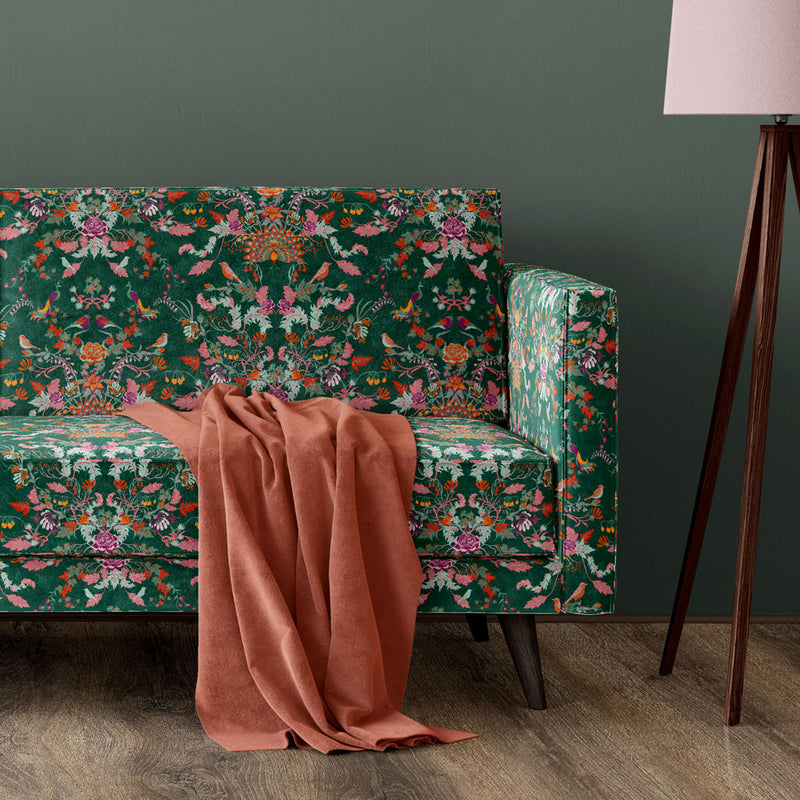 Becca Who Upholstery Fabric Aviana in Verdant Green Birds Floral