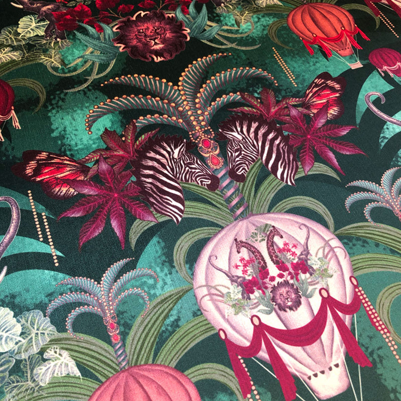 Upholstery and Soft Furnishings Fabric with Balloon Safari design on Green Velvet