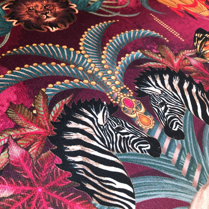 Opulent Patterned Velvet in Claret & Pink with African Safari Animals for Upholstery and Furnishings by UK Designer, Becca Who