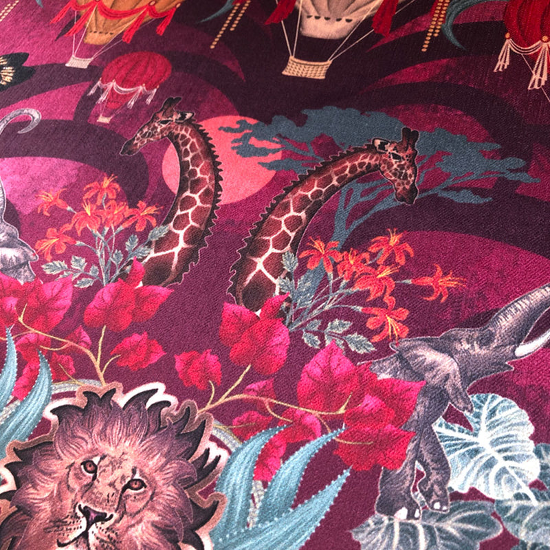 Designer Fabric by Becca Who with Balloon Safari Animals design in Ruby Pink and Claret