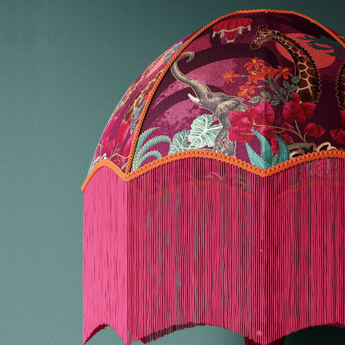 Becca Who Opulent Furnishing Fabric in Pink & Claret with African Animals on Lampshade