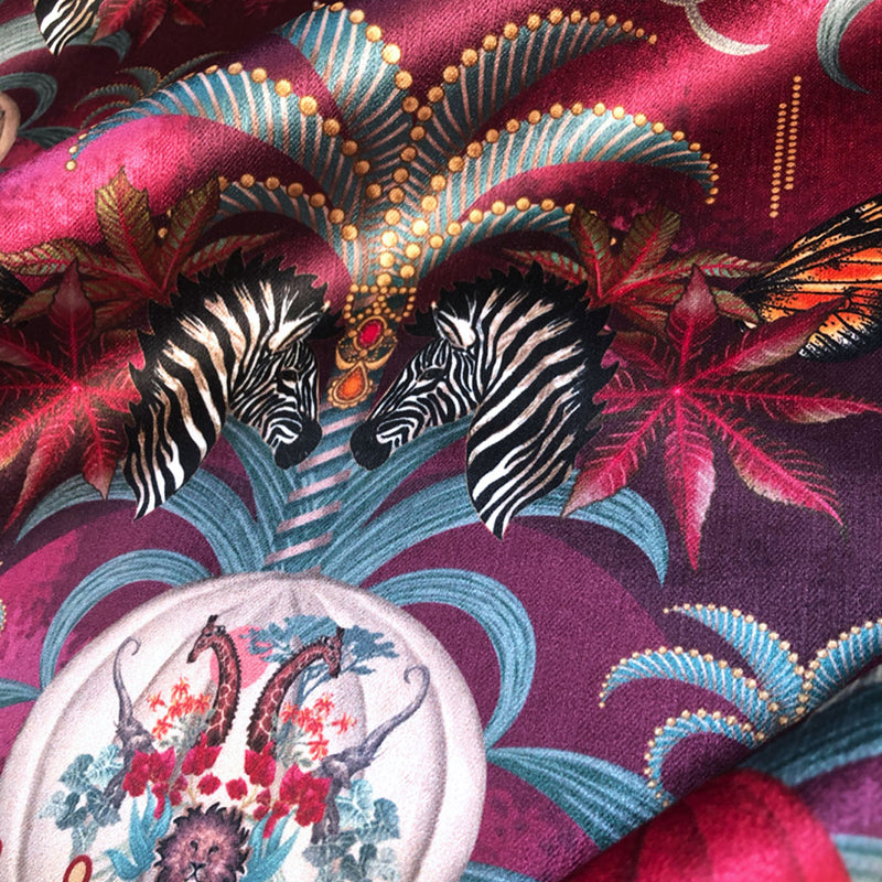 Designer Upholstery Fabric with Balloon Safari Artwork on Velvet by Becca Who