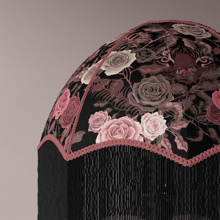 Becca Who Velvet Fabric shown on Lampshade in Design Bengal Rose Garden of Tiger and Roses in Dusky Pink on Black