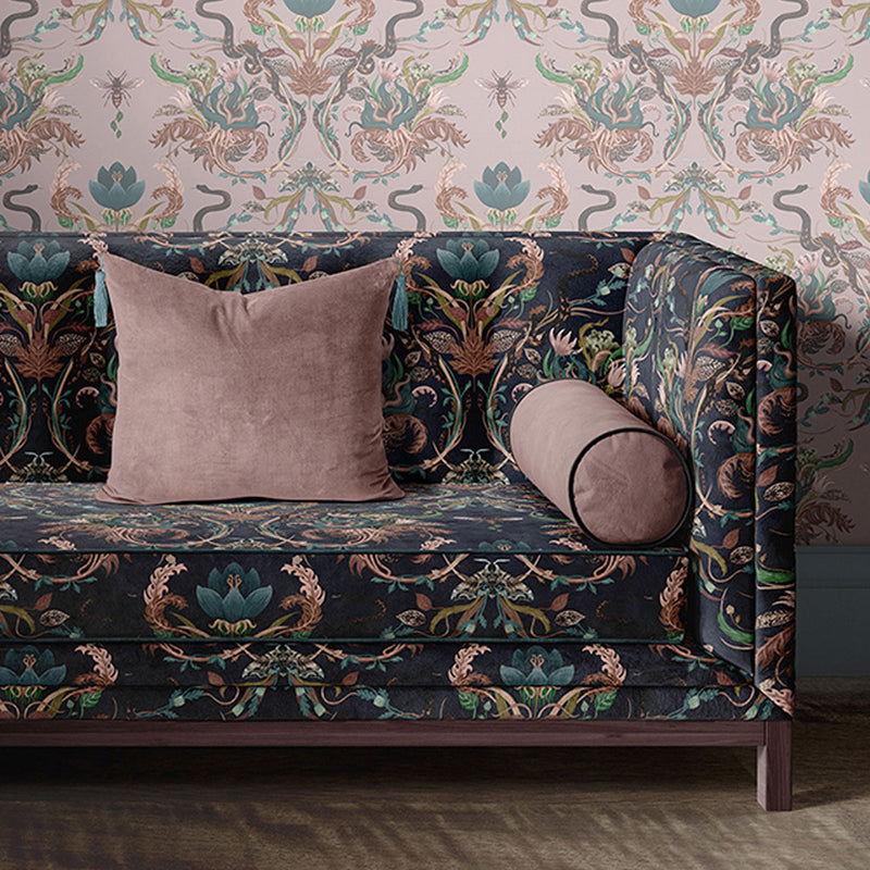 Dark Blue and Pink Patterned Upholstery Velvet Fabric by Designer, Becca Who