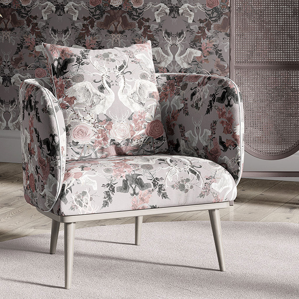 Pale Pink & Grey Swans Patterned Velvet Fabric on Upholstered Chair by Designer, Becca Who