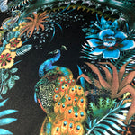 Black patterned velvet with Peacock and wildlife of India design by Becca Who