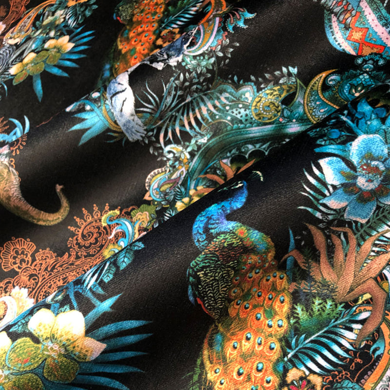 Luxurious black patterned velvet fabric for upholstery, curtains and soft furnishings by Designer, Becca Who