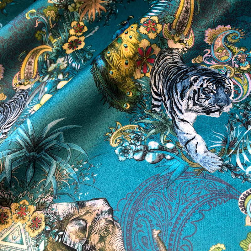 Peacock Teal Blue Statement Velvet Furnishing Fabric with Indian Wildlife and Pattern