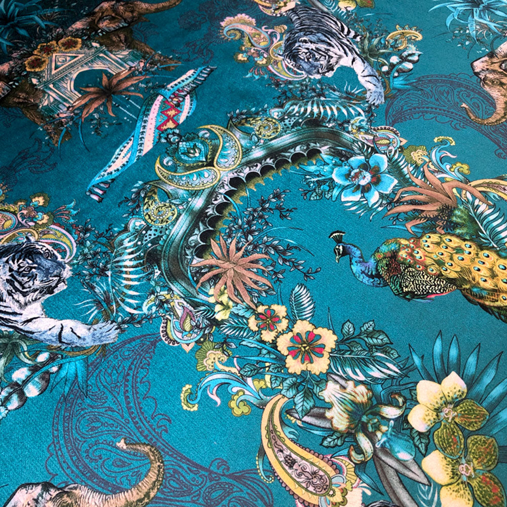 Becca Who Peacock Blue Velvet Interiors Fabric with Indian Wildlife and Pattern
