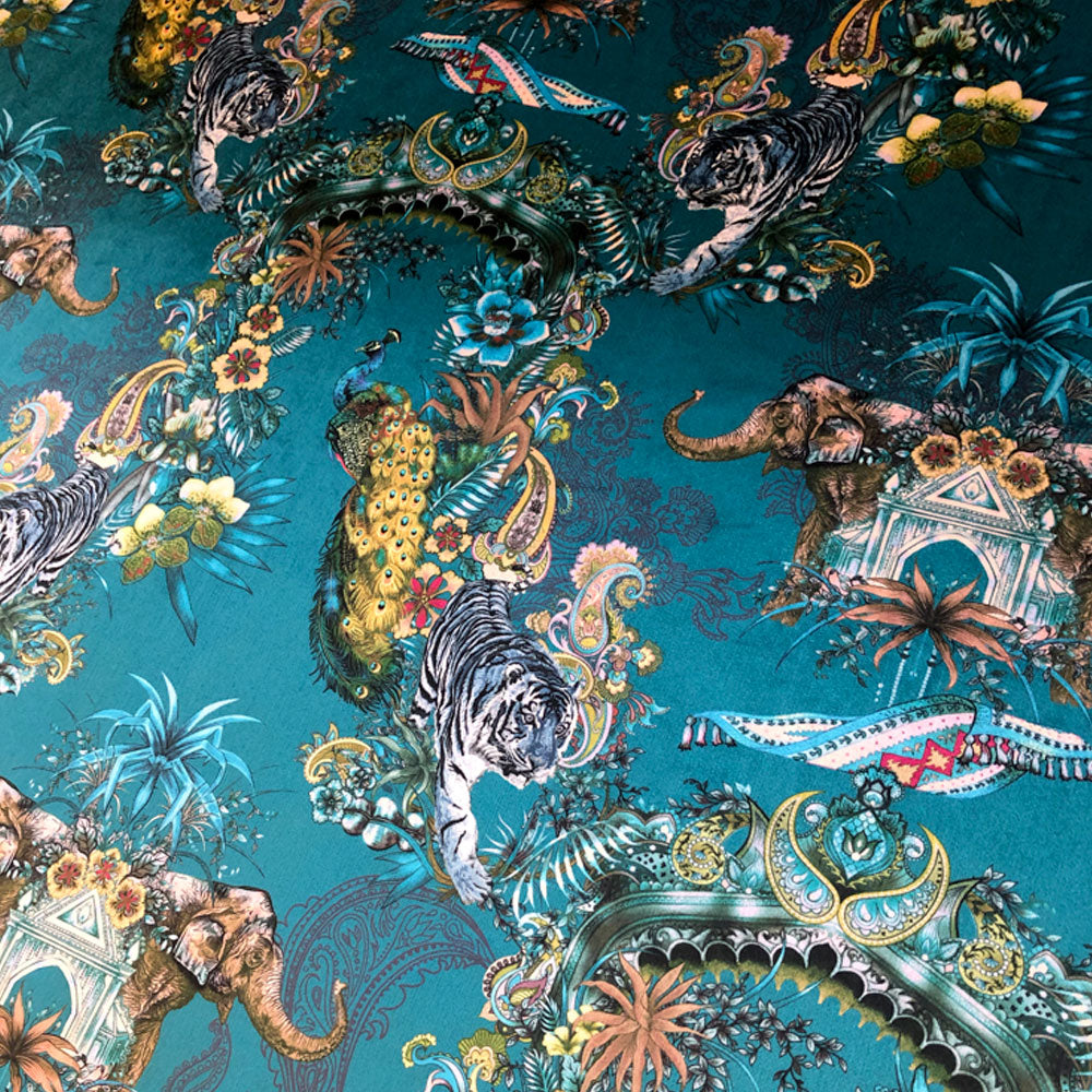 Decorative Furnishing Fabric with Indian Wildlife and Pattern by Designer Becca Who for Statement Interiors
