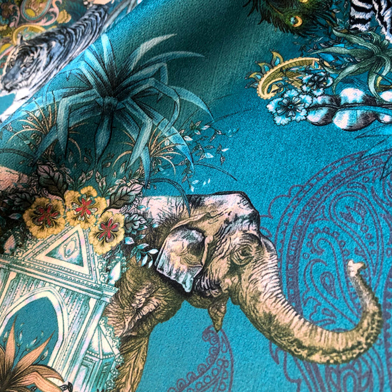 Indian Wildlife and Pattern on Blue Furnishing Velvet by Designer, Becca Who